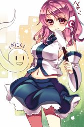 1girl bad_id bad_pixiv_id blush bow breasts cosplay detached_sleeves female_focus gohei gorota gradient_background hair_bow haraegushi hitodama kochiya_sanae kochiya_sanae_(cosplay) large_breasts navel oonusa pink_eyes pink_hair saigyouji_yuyuko sideboob solo touhou