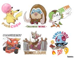 artist_name blowing_bubble_gum bonk bottle car chewing_gum conkeldurr crossed_tentacles cup dab_(dance) dartrix drinking_glass elcajarito english_text fidget_spinner fire fish flushed_face_emoji food fruit gen_1_pokemon gen_4_pokemon gen_5_pokemon gen_7_pokemon grapes highres magikarp mamoswine motor_vehicle nintendo no_humans pikachu pokemon pokemon_(creature) pun simple_background sunglasses tentacool timburr tusks white_background wine_bottle wine_glass