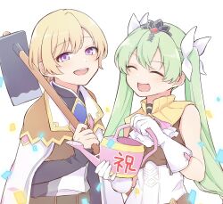 1boy 1girl :d ^_^ alternate_hair_length alternate_hairstyle blonde_hair closed_eyes commentary_request confetti frey_(rune_factory) gloves green_hair hair_ribbon hayamaro65 highres hoe holding holding_hoe holding_watering_can lest_(rune_factory) long_hair long_sleeves looking_at_viewer open_mouth purple_eyes ribbon rune_factory rune_factory_4 shirt short_hair smile tiara translation_request twintails upper_body watering_can white_background white_gloves white_shirt