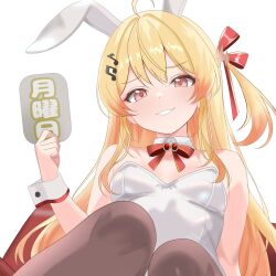 1girl bare_shoulders black_pantyhose blonde_hair breasts holding hololive hololive_dev_is leotard long_hair otonose_kanade pantyhose rijeka1918 simple_background sitting small_breasts smile solo strapless strapless_leotard transparent_background white_leotard