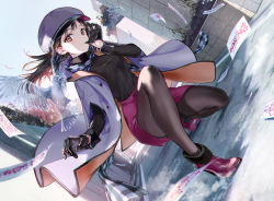 1girl bird black_gloves black_hair black_pantyhose black_sweater newsboy_cap coat commentary_request day dutch_angle floating_hair full_body fur-trimmed_footwear fur_collar fur_trim gloves grey_coat hat high_heels highres long_hair long_sleeves looking_at_viewer on_one_knee open_clothes open_coat original outdoors pantyhose parted_lips path pencil_skirt purple_footwear purple_hat purple_skirt red_eyes road skirt solo sweater tiv transparent wind