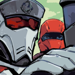 3boys akakichi_no_eleven_redraws eyes_visible_through_eyewear gloves hand_on_another&#039;s_shoulder helldiver_(helldivers) helldivers_(series) helmet male_focus military_uniform multiple_boys phantom_ix_row staring