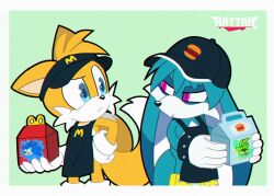 apron blonde_hair blue_eyes blue_fur blue_hair burger_king child employee_uniform fennec_fox fox happy_meal hat highres idw_publishing kitsunami_the_fennec long_ears mcdonald&#039;s purple_eyes rattosah rivalry sega shota sonic_(series) sonic_the_hedgehog sonic_the_hedgehog_(idw) surge_the_tenrec tails_(sonic) yellow_fur