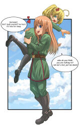 2girls absurdres ahoge ayumu_ad blonde_hair blue_eyes boots brown_hair carrying carrying_person hair_between_eyes highres holding long_hair long_sleeves looking_at_another military_uniform multiple_girls open_mouth ponytail short_hair smile tanya_degurechaff viktoriya_ivanovna_serebryakov youjo_senki