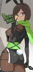 1girl absurdres animal_ears arm_strap back black_bodysuit black_kimono blonde_hair bodysuit breasts brown_eyes brown_hair elbow_gloves english_text fake_animal_ears finger_to_mouth from_behind glasses gloves green_sash hair_ornament hairclip highres holding holding_weapon hundredburger japanese_clothes kimono koga_konoha kunai looking_at_viewer multicolored_hair ninja ninja_to_koroshiya_no_futarigurashi obi rabbit_ears rabbit_tail sash scarf short_hair shushing sideboob sleeveless sleeveless_kimono solo tail two-tone_hair weapon