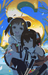 annoyed antenna_hair asymmetrical_legwear backlighting behind_another black_gloves black_necktie black_thighhighs blue_sky brown_eyes brown_hair closed_mouth confetti day double_bun elbow_gloves feet_out_of_frame fingerless_gloves frown gloves gyaru_v hair_bun hair_ornament highres indian_style kantai_collection looking_at_viewer naka_(kancolle) necktie ocean one_side_up open_mouth outdoors puffy_short_sleeves puffy_sleeves raised_eyebrows sailor_collar scarf sendai_(kancolle) shirt short_hair short_sleeves single_thighhigh sitting skirt sky sleeveless sleeveless_shirt smile tassel tassel_hair_ornament thighhighs traffic_(ntraffic1) uneven_legwear v victory white_scarf white_skirt
