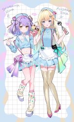 2girls aizawa_ema akai_beniko alternate_costume apron blonde_hair blue_eyes blue_hat blue_shorts blue_skirt blush character_name crop_top food full_body ghost_hair_ornament hair_ribbon hair_tie hat heart highres holding holding_food holding_ice_cream holding_spoon ice_cream long_hair long_sleeves looking_at_viewer loose_socks medium_hair multiple_girls navel open_mouth purple_hair red_ribbon ribbon shinomiya_runa shoes short_sleeves shorts skirt socks spoon thighhighs two_side_up virtual_youtuber vspo! waist_apron yellow_eyes yellow_thighhighs