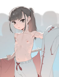 1girl bare_shoulders black_eyes black_hair blunt_bangs flat_chest highres loli long_hair navel nipples open_mouth original ponytail solo sweat topless_female wohaimeiyou