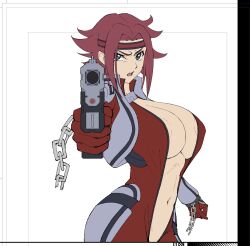 blue_eyes bodysuit breasts code_geass gun headband holding holding_gun holding_weapon iwao178 kouzuki_kallen large_breasts looking_at_viewer medium_hair open_mouth parted_bangs red_bodysuit red_hair red_headband simple_background unfinished unzipped weapon white_background