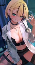 1girl absurdres alternate_costume arm_support belt belt_collar black_belt black_choker black_collar black_garter_straps black_hair black_nails black_panties black_shirt black_skirt black_thighhighs blonde_hair blush breasts choker cleavage clothes_lift coat collar colored_inner_hair commentary_request cross cross_necklace ear_piercing earrings eyelashes fang fingernails garter_straps green_eyes grin heart heart-shaped_lock heart_earrings highres holding huge_breasts infirmary iv_stand jewelry kurumi_noah lab_coat leg_tattoo lock lock_earrings long_sleeves looking_at_viewer medium_hair midriff multicolored_hair naikon navel necklace official_alternate_hairstyle open_clothes open_coat panties pantyshot piercing pink_lips raised_eyebrows shirt signature sitting skirt skirt_lift smile solo stethoscope stomach streaked_hair tattoo thighhighs thighs two-tone_hair underwear virtual_youtuber vspo! white_coat zipper zipper_pull_tab