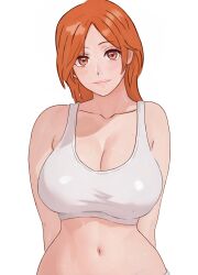 1girl ai-assisted arms_behind_back bare_shoulders bleach breasts brown_eyes collarbone female_focus heyy_vivii highres inoue_orihime large_breasts light_blush lips long_hair looking_at_viewer navel orange_hair shiny_skin simple_background tank_top upper_body white_background
