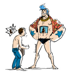 abs arm_hair arm_tattoo artist_name bare_legs barefoot beard blue_hair brown_hair bulge chain chain_necklace cleft_chin cola crossover cyborg denim eyewear_on_head facial_hair feriowind floral_print franky_(one_piece) full_body goatee hand_on_own_hip holding holding_shirt holding_unworn_clothes jeans jewelry leg_hair male_swimwear marvel marvel_cinematic_universe necklace one_piece open_clothes open_shirt orange_shirt pants pectorals pompadour shirt smile star_(symbol) surprised swim_briefs tattoo tony_stark topless_male unworn_shirt