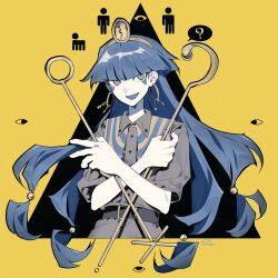 1girl ? absurdres belt black_background black_belt blue_capelet blue_eyes blue_hair border buttons capelet collared_shirt commentary crossed_arms earrings english_commentary facial_mark gold_hairband grey_shirt hair_ornament hairband hands_up headpiece higa423 highres hime_cut holding holding_polearm holding_weapon jewelry key_earrings long_hair looking_at_viewer low-tied_long_hair michigami_nareko open_mouth outside_border polearm shirt sign simple_background smile solo spoken_question_mark striped_capelet touhou triangle triangle_facial_mark upper_body wavy_hair weapon yellow_border