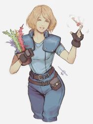 Rule 34 | 1girl, ashley graham, blue eyes, breasts, cosplay, ericson blum, highres, jill valentine, jill valentine (cosplay), kley, light brown hair, medium breasts, pants, plant, resident evil, resident evil 1, resident evil 4, resident evil 4 (remake), short hair