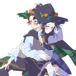 1boy 1girl 2girls bad_tag blue_butterfly blush book bow bug butterfly cape djmn_c dress flower glasses hat highres holding insect kamado_tanjirou kneehighs kochou_shinobu leaf multiple_girls necktie purple_hair red-framed ribbon scar scar_on_face scar_on_forehead school semi-rimless shirt sitting skirt smile socks solo witch