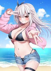 Rule 34 | 1girl, arm up, beach, bikini, black bikini, blue shorts, breasts, cleavage, cowboy shot, cutoffs, day, denim, denim shorts, double v, etna (kuzuyu), hair ribbon, halterneck, highleg, highleg bikini, highres, jacket, komori kuzuyu, long hair, long sleeves, looking at viewer, medium breasts, navel, ocean, one side up, open clothes, open fly, open jacket, original, outdoors, pink jacket, ribbon, short shorts, shorts, solo, stomach, strap gap, string bikini, swimsuit, thigh strap, v, wet, white hair