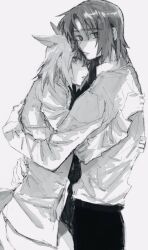 Rule 34 | 1boy, 1girl, animal ears, athrun zala, cagalli yula athha, couple, dog ears, dog girl, dog tail, greyscale, gundam, gundam seed, hetero, hug, kemonomimi mode, looking at viewer, medium hair, monochrome, she (morianosu), shirt, short hair, simple background, tail, white background