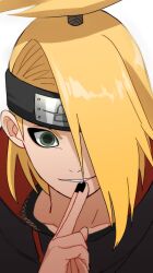 Rule 34 | 1boy, akatsuki uniform, androgynous, black nails, blonde hair, commentary, deidara (naruto), forehead protector, grey eyes, hair over one eye, hashtag-only commentary, high collar, kooda, kuji-in, male focus, nail polish, naruto (series), naruto shippuuden, one eye covered, parted lips, smile, solo, two-sided fabric, white background