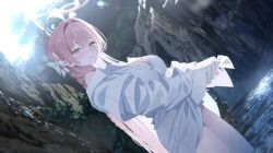 1girl artist_request blue_archive green_eyes hanako_(blue_archive) hanako_(swimsuit)_(blue_archive) no_bra no_panties official_art pink_hair smile tagme wet