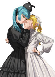 2girls absurdres aqua_hair black_dress black_hat black_ribbon blunt_bangs closed_mouth dress frilled_hairband frills googly_eyes grabbing_another&#039;s_face green_eyes hair_ribbon hairband hat head_grab highres lolita_fashion long_hair long_sleeves monogatari_(series) multiple_girls nemo_ringo ononoki_yotsugi oshino_shinobu pointy_ears ribbon simple_background twintails white_background white_dress white_hairband