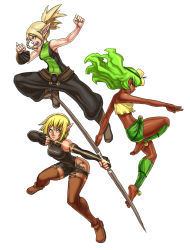 Rule 34 | 3girls, abs, amalia sheran sharm, ankama, ankle wrap, armor, arrow (projectile), baggy pants, bandeau, barefoot, belt, bodysuit, boots, bow (weapon), braid, breasts, brown eyes, clenched hands, cleophee, covered navel, cra (wakfu), cra f, dark-skinned female, dark skin, earrings, elf, evangelyne (wakfu), feet, fingerless gloves, flower, gloves, greaves, green eyes, green hair, hair flower, hair ornament, highres, jewelry, long hair, midriff, miniskirt, multiple girls, pants, pointy ears, ponytail, rich s, sadida, short hair, single braid, single sleeve, skirt, sleeveless, small breasts, soles, thigh boots, thighhighs, time paradox, toes, toned, toned female, wakfu, weapon