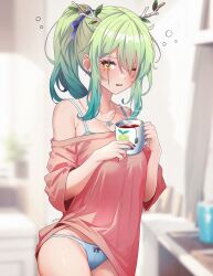1girl alternate_costume alternate_hairstyle bare_shoulders blue_panties blurry blurry_background breasts ceres_fauna cleavage collarbone commentary cup english_commentary gradient_hair green_hair hair_branch hair_over_one_eye highres holding holding_cup hololive hololive_english indoors jewelry large_breasts long_sleeves looking_at_viewer medium_breasts multicolored_hair necklace off_shoulder one_eye_closed panties pantyshot pink_shirt ponytail shirt sidelocks sk_jynx solo squeans tea underwear upper_body virtual_youtuber yellow_eyes