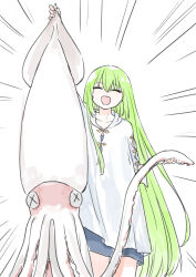 1other androgynous animal closed_eyes commentary_request emphasis_lines enkidu_(fate) fate/grand_order fate_(series) green_eyes green_hair himeko_(nico6v6pachi) holding holding_animal hood hoodie long_hair open_mouth other_focus smile solo squid white_hoodie x_x