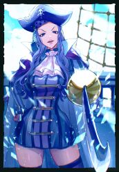 1girl absurdres ascot bandana black_border blue_dress blue_eyes blue_hair border cape chromatic_aberration commentary cowboy_shot dress hand_on_own_hip hat highres holding holding_sword holding_weapon long_hair long_sleeves one_piece open_mouth outdoors pirate_hat ratline sc_scandium shroud_(sailing) smile solo striped_clothes striped_dress sword thighhighs v-shaped_eyebrows vertical-striped_clothes vertical-striped_dress weapon white_ascot whitey_bay