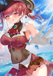 1girl :d absurdres ascot asphalt494 bad_id bad_pixiv_id bare_shoulders belt bicorne black_choker black_hat blue_sky blush breasts brooch brown_belt choker cleavage cloud cloudy_sky cropped_jacket finger_to_mouth frilled_choker frilled_shirt_collar frills gloves gold_trim hair_ribbon hat heterochromia highres hololive houshou_marine jacket jewelry large_breasts leather_belt leotard leotard_under_clothes long_hair looking_at_viewer miniskirt off_shoulder open_mouth pirate pleated_skirt red_ascot red_eyes red_hair red_jacket red_ribbon red_skirt ribbon see-through_clothes see-through_cleavage see-through_leotard skirt sky sleeveless sleeveless_jacket smile solo splashing sunlight twintails virtual_youtuber water white_gloves yellow_eyes