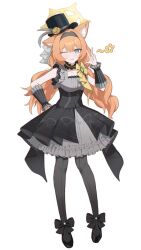 1girl ;d animal_ear_fluff animal_ears black_bow black_dress black_hat black_shoes blue_archive blue_eyes bow breasts cat_ears collarbone commentary_request dress frilled_dress frills full_body grey_pantyhose hair_between_eyes halo hand_up hat highres hui_yu_yu_yu_ye long_hair low_twintails mari_(blue_archive) mari_(idol)_(blue_archive) mini_hat one_eye_closed open_mouth orange_hair pantyhose pleated_dress shoes simple_background small_breasts smile solo star_(symbol) tilted_headwear top_hat twintails very_long_hair w white_background