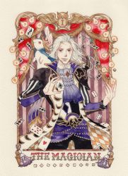 1boy 1other ace_(playing_card) ace_of_spades animal armor bird card card_(medium) closed_mouth curtains dice english_text final_fantasy final_fantasy_vi highres holding holding_card jacket jime_(sipopo2027) light_bulb long_hair long_sleeves male_focus owl painting_(medium) pants pauldrons playing_card purple_eyes scar scar_across_eye scar_on_face setzer_gabbiani shoulder_armor smile solo spade_(shape) striped tailcoat tarot tarot_(medium) the_magician_(tarot) traditional_media watercolor_(medium) white_hair