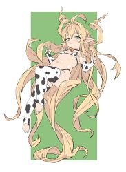 Rule 34 | 1girl, absurdly long hair, ahoge, animal print, bikini, blonde hair, blush, breasts, cow print, cow print bikini, cow print thighhighs, granblue fantasy, green eyes, harvin, high heels, highres, long hair, looking at viewer, melissabelle, navel, pointy ears, prehensile hair, print bikini, print thighhighs, small breasts, smile, solo, stirrup legwear, swimsuit, thighhighs, toeless legwear, very long hair, yggsil
