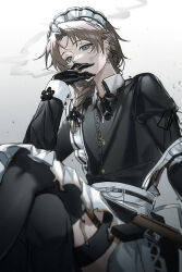 1boy absurdres apron assault_rifle black_bow black_bowtie black_dress black_gloves black_thighhighs blue_eyes blurry_edges bow bowtie braid brown_hair burnt_clothes cigarette collared_dress crossdressing crossed_legs curtained_hair dress ear_piercing earrings flower_hairtie gloves gun hair_over_shoulder highres jewelry kanae_(20th_costume)_(nijisanji) kanae_(nijisanji) legwear_garter looking_at_viewer m16 m16a1 maid maid_apron maid_headdress male_focus male_maid medium_hair nijisanji official_alternate_costume piercing rifle simple_background sitting sleeve_cuffs smoke smoking solo thighhighs virtual_youtuber weapon white_background wujinliaoyuan