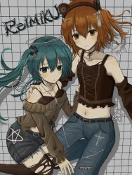 2girls a.i._voice absurdres adachi_rei belt black_belt black_shirt black_sleeves blue_hair blush closed_eyes collared_shirt cropped_shirt cross cross_necklace denim denim_shorts detached_sleeves flat_chest frilled_sleeves frills grey_background hair_ribbon halo hand_on_another&#039;s_shoulder hashtag-only_commentary hatsune_miku hexagram highres jeans jewelry kneeling leaning_forward leg_up long_hair long_sleeves looking_at_viewer midriff multiple_girls navel necklace neex_el off-shoulder_shirt off_shoulder orange_eyes orange_hair pants pentagram ribbon shirt shorts side_ponytail simple_background sleeveless sleeveless_shirt standing standing_on_one_leg star_(symbol) star_of_david torn_clothes torn_jeans torn_pants twintails utau vocaloid white_ribbon