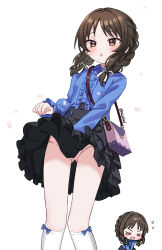 &gt;_&lt; 1girl bag black_skirt blue_shirt blush braid brown_eyes brown_hair chibi eluthel embarrassed frilled_shirt frills handbag highres idolmaster idolmaster_cinderella_girls medium_hair multiple_views open_mouth panties pantyshot pink_panties shirt skirt tachibana_arisu twin_braids underwear wind wind_lift