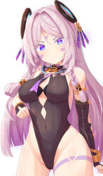 1girl absurdres arm_cuffs bare_shoulders black_leotard blunt_ends blunt_tresses body_markings bracelet braided_sidelock breasts cameltoe citlali_(genshin_impact) clothing_cutout covered_navel detached_sleeves facial_mark feather_hair_ornament feathers floating_headgear forehead_mark genshin_impact gluteal_fold hair_intakes hair_ornament highleg highleg_leotard highres jewelry leotard long_hair looking_at_viewer medium_breasts parted_bangs pink_hair purple_eyes purple_feathers sidelocks simple_background single_sleeve solo triangle triangle_facial_mark white_background yeong100