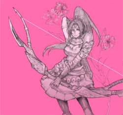 arm_up armor black_hair bow_(weapon) breasts cleavage detached_sleeves headband inahime lev. monochrome pantyhose parted_bangs ponytail quiver sengoku_musou sketch skirt weapon
