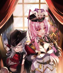 Rule 34 | 2girls, absurdres, antennae, arthropod girl, arthropod limbs, ascot, between breasts, black hat, black necktie, breasts, cockroach girl, epaulettes, fangs, gauntlets, geega (vtuber), grey eyes, grey hair, hat, highres, indie virtual youtuber, jyuka en, long hair, matara kan, matara kan (military), military uniform, mole, mole on breast, momo (matara kan), multiple girls, necktie, necktie between breasts, one eye covered, pink hair, pointy ears, red ascot, red eyes, smile, tricorne, virtual youtuber, window