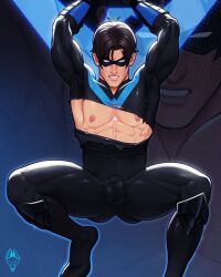 1boy bara batman_(series) black_bodysuit black_gloves black_hair blue_bodysuit bodysuit bulge dc_comics dick_grayson domino_mask fox_bravo gloves large_pectorals male_focus mask muscular muscular_male nightwing pectorals short_hair solo thick_thighs thighs torn_bodysuit torn_clothes two-tone_bodysuit
