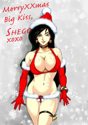 1girl against_wall bare_shoulders bikini bikini_top_only breasts christmas cleavage cowboy_shot earrings english_text female_focus female_pubic_hair fur_trim gloves green_eyes green_hair hat highres jewelry kim_possible_(series) kugayama_hodai large_breasts legs long_hair looking_at_viewer merry_christmas navel parted_lips pubic_hair red_bikini santa_hat shego smile snow solo standing swimsuit thigh_strap thighs thong wall