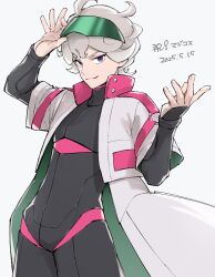 Rule 34 | 1boy, bede (pokemon), bede (sygna suit) (pokemon), bodysuit, closed mouth, coat, commentary request, cowboy shot, curly hair, dated, grey hair, hands up, highres, male focus, mocollie, nintendo, official alternate costume, open clothes, open coat, pokemon, pokemon masters ex, purple eyes, short hair, simple background, smile, solo, translation request, visor cap, white background