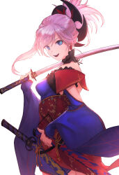 1girl blue_eyes blue_kimono breasts earrings fate/grand_order fate_(series) hair_ornament highres holding holding_sword holding_weapon japanese_clothes jewelry katana kimono long_hair looking_at_viewer medium_breasts miyamoto_musashi_(fate) miyamoto_musashi_(third_ascension)_(fate) miyamoto_satoru obi pink_hair ponytail revision sash sheath sheathed simple_background single_sidelock smile solo swept_bangs sword teeth upper_teeth_only weapon white_background
