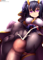 1girl black_hair black_thighhighs breasts censored cum downturned_eyes ejaculation emil_chronicle_online fi-san footjob footjob_with_legwear from_below hair_ornament highres horns izanami_(eco) japanese_clothes kimono large_breasts mosaic_censoring no_shoes oni pantyhose penis purple_eyes thighhighs white_background