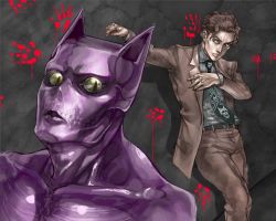 Rule 34 | 1boy, animal ears, bad id, bad pixiv id, belt, cat boy, cat ears, diamond is not crash, formal clothes, handprint, jojo no kimyou na bouken, killer queen, kira yoshikage, male focus, multiple boys, necktie, see-through clothes, skull, slit pupils, stand (jojo), suit, touge (kubiwa tsuki)