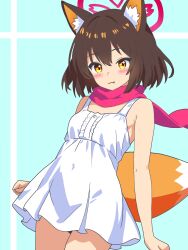 1girl :3 absurdres animal_ears blue_archive brown_hair dress fang fox_ears fox_girl fox_tail halo highres izuna_(blue_archive) ochazuke_(artist) pink_scarf scarf short_dress short_hair simple_background sleeveless sleeveless_dress smile tail white_dress yellow_eyes