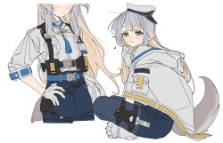 1girl blonde_hair blue_pants blush butterfly_sitting closed_mouth colored_inner_hair dayama flat_color gloves green_eyes grey_hair hand_on_own_hip hand_up hat high-waist_shorts highres multicolored_hair multiple_views nijisanji pants peaked_cap shioriha_ruri shioriha_ruri_(1st_costume) shirt shorts simple_background sitting smile solo two-tone_hair virtual_youtuber white_background white_gloves white_hat white_shirt