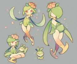 1girl ^_^ akadako ass backless_leotard closed_eyes colored_sclera colored_skin crossed_legs evolutionary_line female_focus flat_chest flying_sweatdrops full_body gen_5_pokemon green_hair green_leotard grey_background grey_outline hands_up hisuian_lilligant kneepits legs leotard looking_at_viewer monster_girl motion_lines multiple_views nintendo no_mouth notice_lines orange_sclera outline petals petilil plant_girl pokemon pokemon_(creature) shoes short_hair sidelocks simple_background sitting sparkle standing standing_on_one_leg thigh_gap white_eyes white_skin yellow_shoes