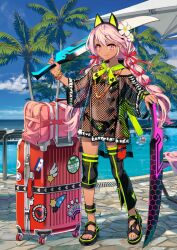 3girls animal_ear_hairband animal_ears aqua_nails asymmetrical_legwear bead_bracelet bead_necklace beads bikini black_bikini black_capelet black_sandals blue_sky bow bracelet capelet cat_ear_hairband cat_ears cellphone chloe_von_einzbern chloe_von_einzbern_(swimsuit_avenger) chloe_von_einzbern_(swimsuit_avenger)_(second_ascension) closed_mouth clothing_cutout cloud dark-skinned_female dark_skin day detached_leggings dual_wielding fake_animal_ears fate/grand_order fate_(series) fingernails fishnets flower front-tie_bikini_top front-tie_top full_body game_cg green_ribbon hair_bow hair_flower hair_ornament hairband hand_up heart_cutout hiroyama_hiroshi holding holding_sword holding_weapon honeycomb_(pattern) illyasviel_von_einzbern illyasviel_von_einzbern_(swimsuit_archer) illyasviel_von_einzbern_(swimsuit_archer)_(second_ascension) jewelry kanshou_&amp;_bakuya_(fate) legs_apart long_hair long_sleeves looking_at_viewer low_twintails miyu_edelfelt multi-tied_hair multicolored_nails multiple_bracelets multiple_girls multiple_necklaces nail_polish necklace official_art outdoors over_shoulder palm_tree partially_unzipped phone pink_eyes pink_hair pink_nails planted planted_sword planted_weapon platform_sandals pool poolside red_bow ribbon rolling_suitcase sandals side-tie_bikini_bottom sky smartphone smile solo_focus standing suitcase swimsuit swimsuit_cover-up sword third-party_source toenails toes tree twintails variant_set watch weapon weapon_over_shoulder white_flower wide_sleeves wristwatch zipper_pull_tab