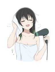 1girl absurdres after_bathing bath black_hair blush breasts cleavage closed_eyes collarbone commentary_request cropped_torso drying drying_hair gradient_hair green_hair hair_between_eyes hair_down hair_dryer highres holding holding_hair_dryer holding_towel ikesho0612 large_breasts long_hair love_live! love_live!_nijigasaki_high_school_idol_club multicolored_hair naked_towel open_mouth simple_background solo takasaki_yu towel two-tone_hair white_background