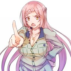 10s 1girl blush braid breasts cleavage female_focus hand_on_own_hip large_breasts long_hair looking_at_viewer no-rin open_mouth pink_hair pointing pointing_at_viewer simple_background solo touryou yellow_eyes yoshida_kochou